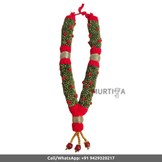 South Indian Wedding Garland-Green Cardamom with red string ribbon flower and diamond ball with golden beads with red beads within cardamom-Natural Green Cardamom Garland For Wedding-Elaichi/Cardamom Malai-Idol Garland-Statue Garland (1 piece only)