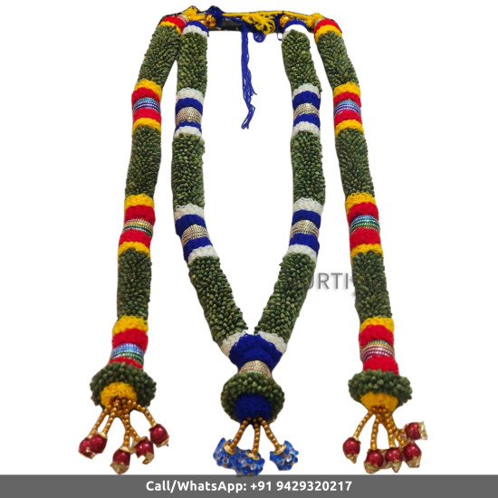 South Indian Wedding Garland-Green Cardamom with Red blue white yellow and orange ribbon flower and diamond ball with golden beads with red beads within cardamom-Natural Green Cardamom Garland For Wedding-Elaichi/Cardamom Malai-Idol Garland-Statue Garland