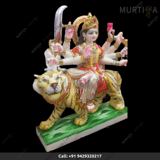 Marble Durga Maa Red White Saree And Smily Lion