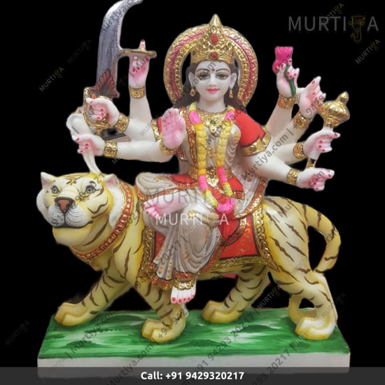 Marble Durga Maa Red White Saree And Smily Lion