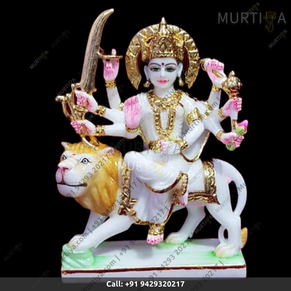Marble Durga Maa White And Golden Outline - 12 Inch Marble Durga Maa White And Golden Outline - 12 Inch