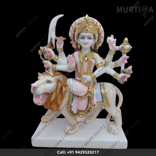Marble Durga Maa Light Pink Saree And Aggressive Lion Marble Durga Maa Light Pink Saree And Aggressive Lion