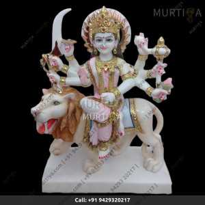 Buy the marble Durga maa idol with Light Pink and Aggressive Lion @Murtiya.com