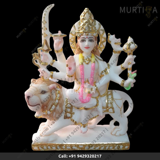 Marble Durga Maa Pure White And Golden Outline - 9 Inch