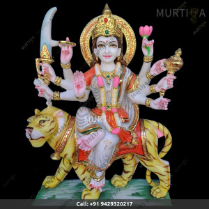 Durga Maa Marble Murti in Red And White Saree  with Red Matt at Price on Murtiya.com