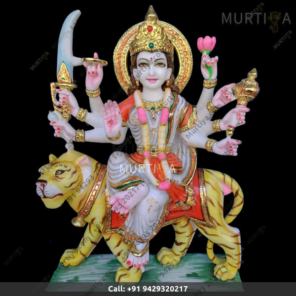 Marble Durga Maa Red And White Saree And Red Matt - 12 Inch Marble Durga Maa Red And White Saree And Red Matt - 12 Inch