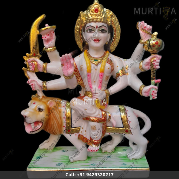 Marble Durga Maa White Saree With Gold And Pink Garland - 12 Inch Marble Durga Maa White Saree With Gold And Pink Garland - 12 Inch