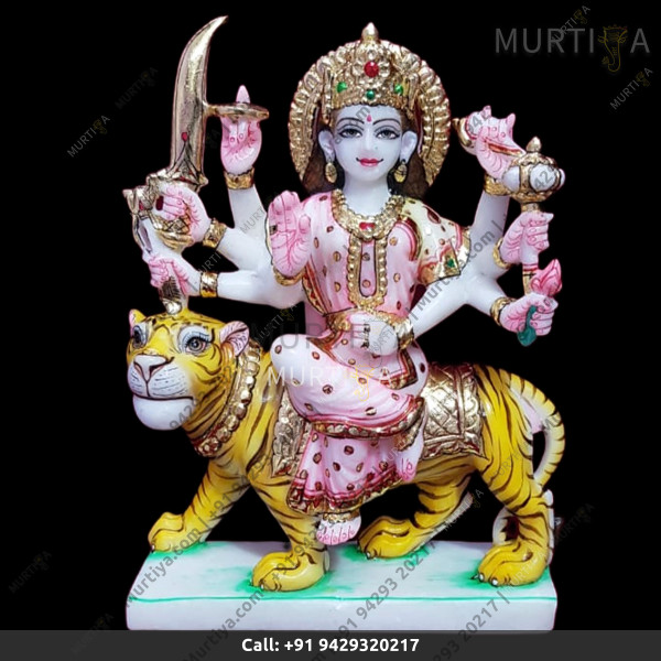 Marble Durga Maa White And Pink Saree - 12 Inch Marble Durga Maa White And Pink Saree - 12 Inch