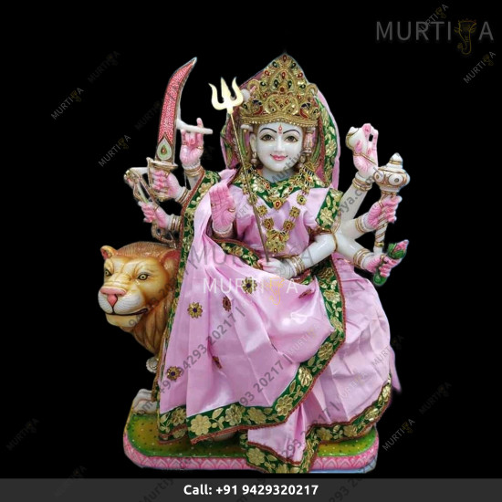 Marble Durga Maa With Clothes And Lotus Base