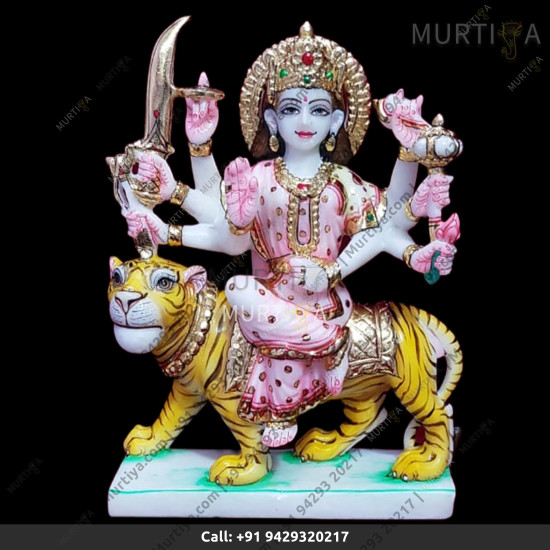 Marble Durga Maa With Light Pink Saree And Yello Lion Marble Durga Maa With Light Pink Saree And Yello Lion