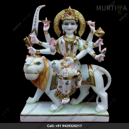 Marble Durga Maa With Light Pink Saree And White Lion