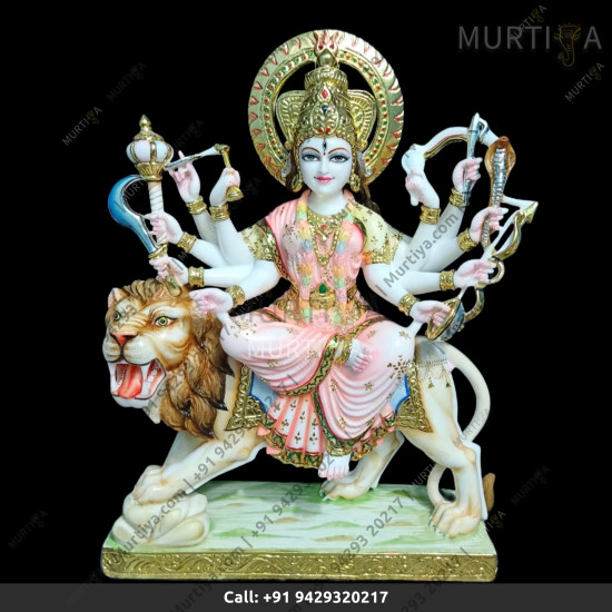 Marble Durga Maa With Light Pink And Aggressive Lion