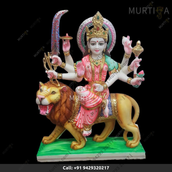 Marble Durga Maa With Light Pink And Green Saree And Colored Sword