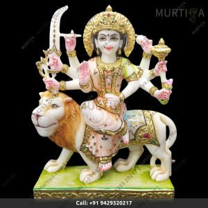 Durga Maa Murti: Best Durga Maa with a light pink and green saree and coloured sword online at Murtiya Durga Maa Murti: Best Durga Maa with a light pink and green saree and coloured sword online at Murtiya
