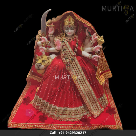 Marble Durga Maa With Red White And Garland