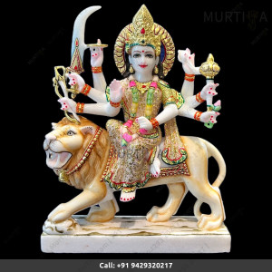 18 Inch Pure Marble Durgaa Maa with Emboss Work | best for Home - Temple - Office | Murtiya.com