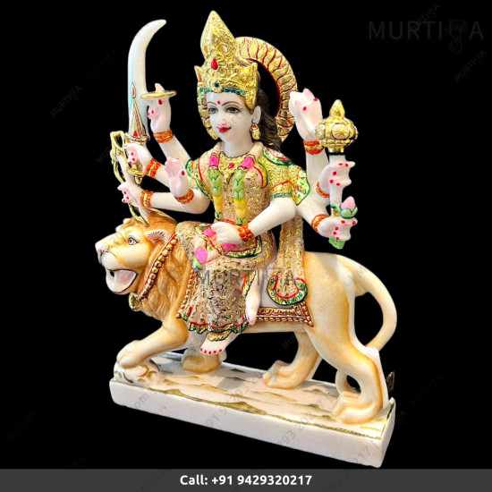 18 Inch Pure Marble Durgaa Maa with Emboss Work | best for Home - Temple - Office