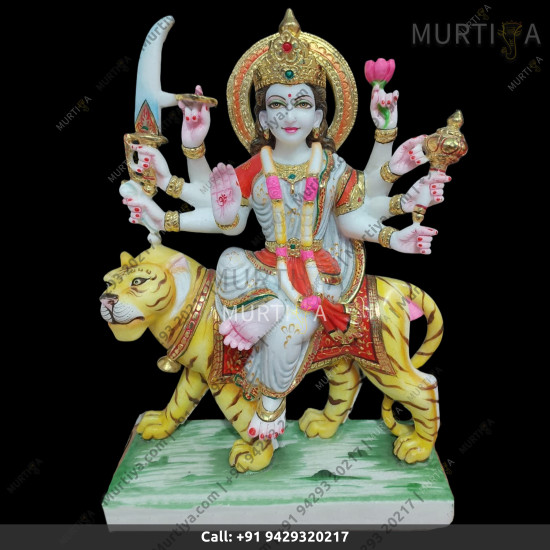 Marble Durga Maa White Red And Yellow Lion