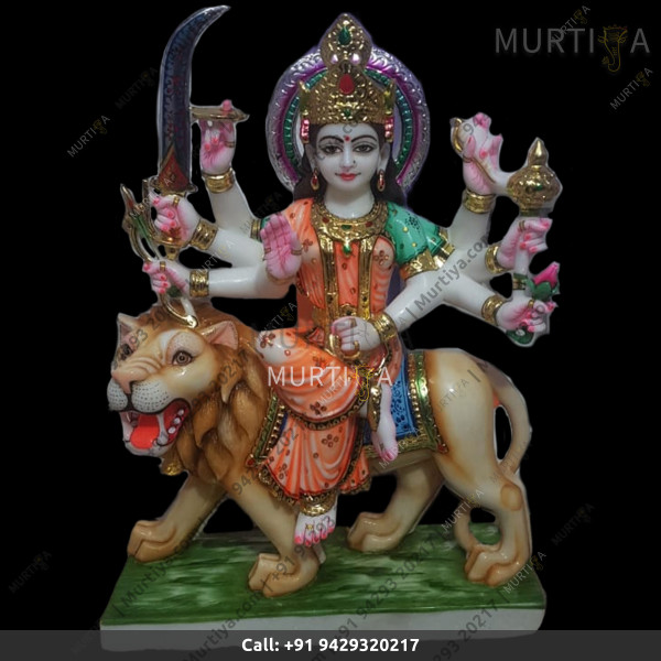 Marble Durga Maa With Orange And Green Saree Aggressive Lion Marble Durga Maa With Orange And Green Saree Aggressive Lion