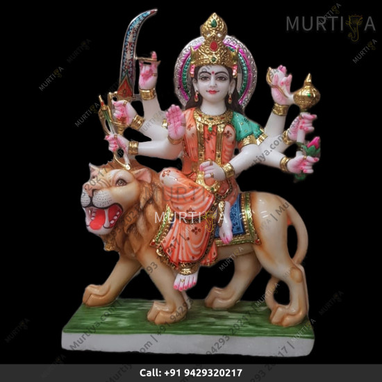 Marble Durga Maa With Orange And Green Saree Aggressive Lion 