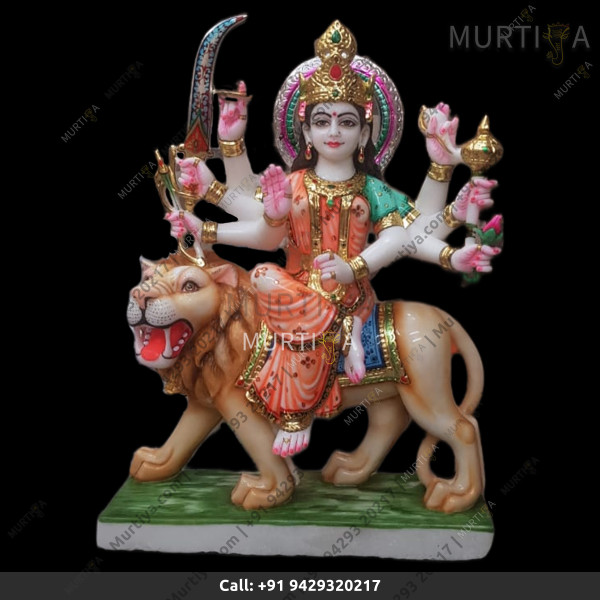 Marble Durga Maa With Orange And Green Saree Aggressive Lion Marble Durga Maa With Orange And Green Saree Aggressive Lion