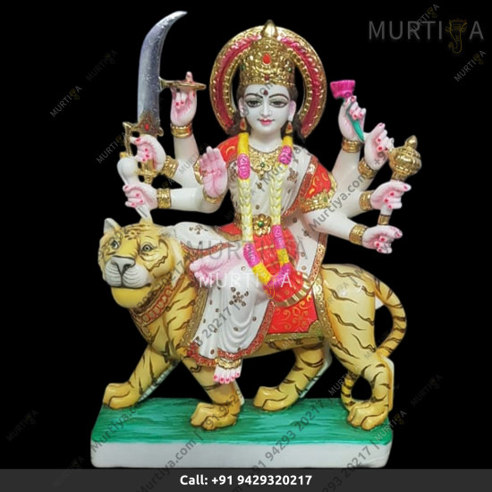 Marble Durga Maa With White Saree And White Lion 12 Inch