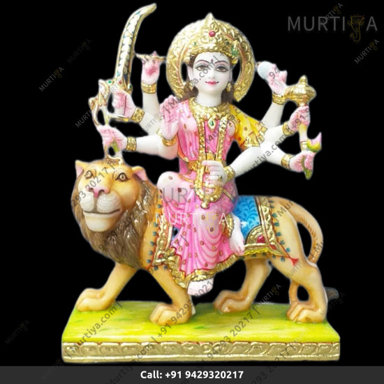 Marble Durga Maa With Light Red And Light Blue Color Matt