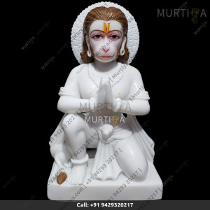 Pure White Marble Hanuman Ji with Exquisite Stone Work | Murtiya.com
