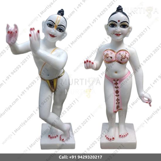 ISKCON Pure White Marble Statue Radha Krishna Painted Clothes Handmade  