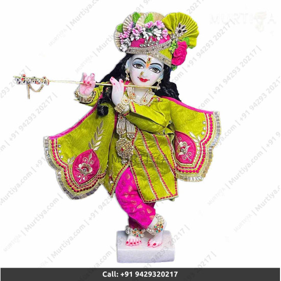 18 Inches ISKCON White Radha Krishna Marble Statue With Light Green Pink Dress Clothes-Jewellery Pure Handmade  