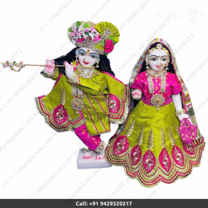 18 Inches ISKCON White Radha Krishna Marble Statue With Light Green Pink Dress Clothes-Jewellery Pure Handmade Buy Online - Murtiya