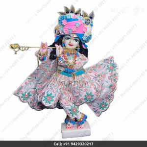 18 Inches ISKCON White Radha Krishna Marble Statue With off-white Embroidery Clothes-Jewellery Pure Handmade Buy Online - Murtiya