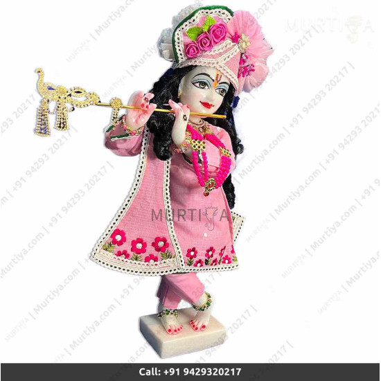 18 Inches ISKCON White Radha Krishna Marble Statue With Pink Dress Clothes-Jewellery Pure Handmade  