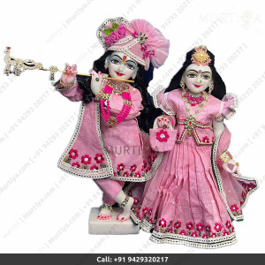 18 Inches ISKCON White Radha Krishna Marble Statue With Pink Dress Clothes-Jewellery Pure Handmade Buy Online - Murtiya