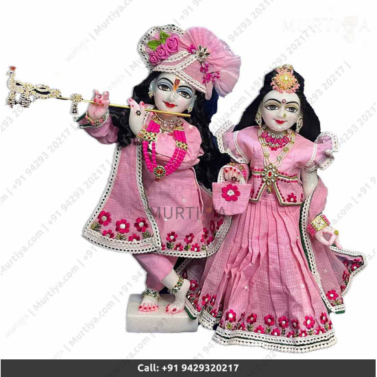 18 Inches ISKCON White Radha Krishna Marble Statue With Pink Dress Clothes-Jewellery Pure Handmade  