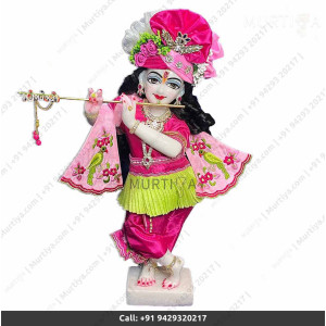 18 Inches ISKCON White Radha Krishna Marble Statue With Pink Green Dress Clothes-Jewellery Pure Handmade Buy Online - Murtiya