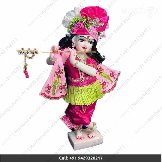 18 Inches ISKCON White Radha Krishna Marble Statue With Pink Green Dress Clothes-Jewellery Pure Handmade  