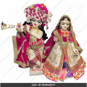 18 Inches ISKCON White Radha Krishna Marble Statue With Pink and off white Clothes-Jewellery Pure Handmade Buy Online - Murtiya