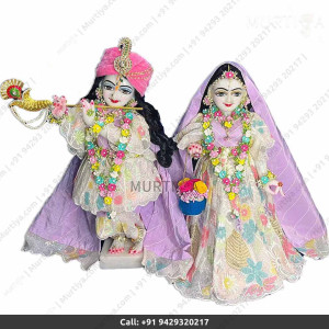 18 Inches ISKCON White Radha Krishna Marble Statue With Pink white flower style dress Clothes-Jewellery Pure Handmade Buy Online - Murtiya