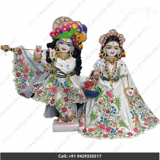 18 Inches ISKCON White Radha Krishna Marble Statue Pure White Embroidery Clothes-Jewellery Pure Handmade