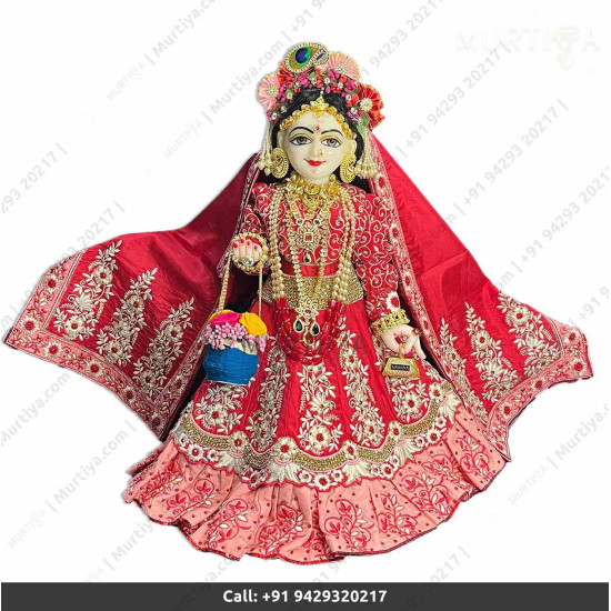 18 Inches ISKCON White Radha Krishna Marble Statue With Red Embroidery Dress Clothes-Jewellery Pure Handmade  