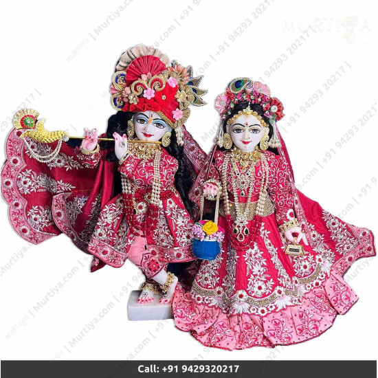 18 Inches ISKCON White Radha Krishna Marble Statue With Red Embroidery Dress Clothes-Jewellery Pure Handmade  