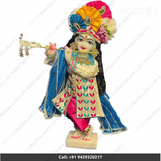 18 Inches ISKCON White Radha Krishna Marble Statue With White and Pink Kurta Style Dress Clothes-Jewellery Pure Handmade