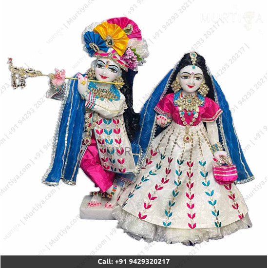 18 Inches ISKCON White Radha Krishna Marble Statue With White and Pink Kurta Style Dress Clothes-Jewellery Pure Handmade