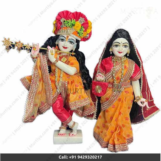 18 Inch ISKCON White Radha Krishna Marble Statue With Yellow Dress and Saree Clothes-Jewellery Pure Handmade