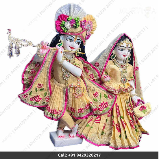 18 Inches ISKCON White Radha Krishna Marble Statue With Yellow Dress Clothes-Jewellery Pure Handmade