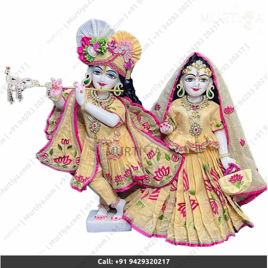 18 Inches ISKCON White Radha Krishna Marble Statue With Yellow Dress Clothes-Jewellery Pure Handmade