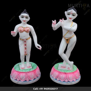 ISKCON Pure White Radha Krishna Marble Statue Pure Handmade With Lotus Base Buy Online - Murtiya