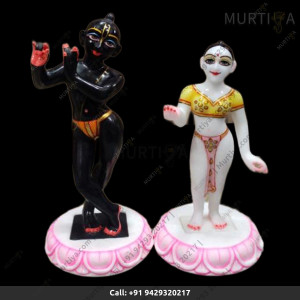 ISKCON White Radha Back Krishna Marble Statue Pure Handmade Makrana With Lotus Base Buy Online - Murtiya