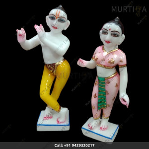 ISKCON Pure White Krishna Radha Marble Statue Pure Handmade Buy Online With Full Pink And Green Color - Murtiya